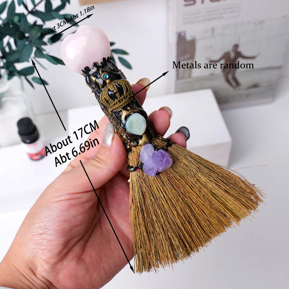 1PC Natural Crystal Heart Shaped Magic Broom Quartz Witch Broom Reiki Gemstone For Cleansing Healing Fengshui
