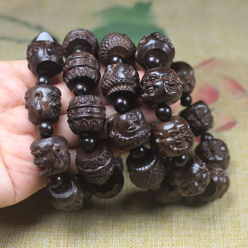 Natural Coffee Hand Carving Buddha head Bracelets Men Handmade Tibetan Buddha Hand String Barrel Prayer Beads Bangles 20mm