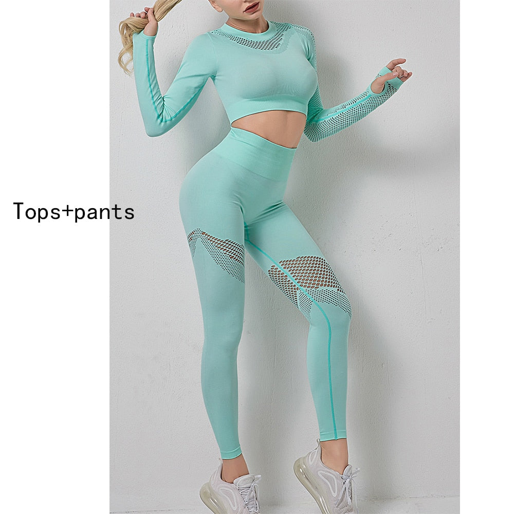 Yoga Sets Women Gym Clothes Seamless Long Sleeve Crop Tops Mesh Sports Leggings Running Workout High Waist Pants Fitness Wear
