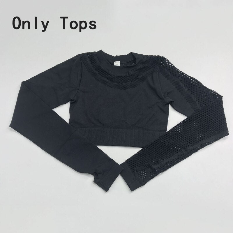 Yoga Sets Women Gym Clothes Seamless Long Sleeve Crop Tops Mesh Sports Leggings Running Workout High Waist Pants Fitness Wear