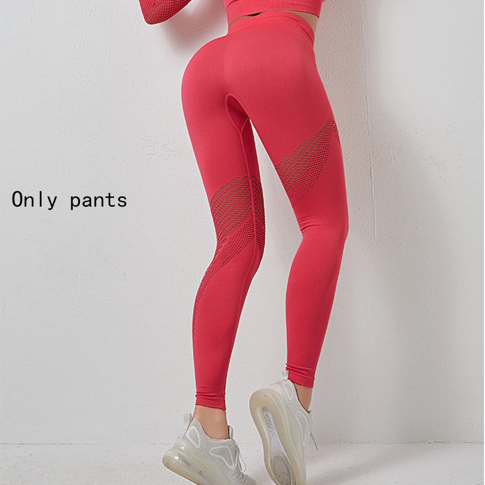 Yoga Sets Women Gym Clothes Seamless Long Sleeve Crop Tops Mesh Sports Leggings Running Workout High Waist Pants Fitness Wear