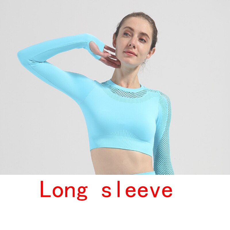 Yoga Sets Women Gym Clothes Seamless Long Sleeve Crop Tops Mesh Sports Leggings Running Workout High Waist Pants Fitness Wear