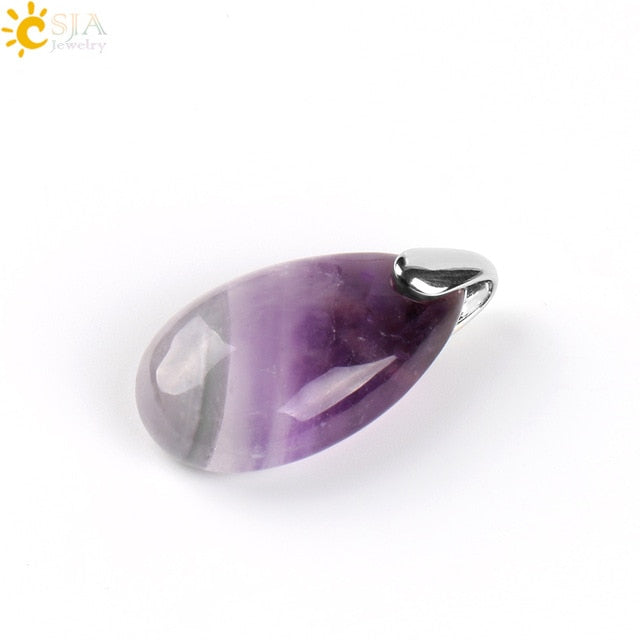 CSJA Natural Gem Stone Water Drop Necklaces Pendants Tiger Eye Lapis Lazuli Clear Crystal Opal Reiki Healing