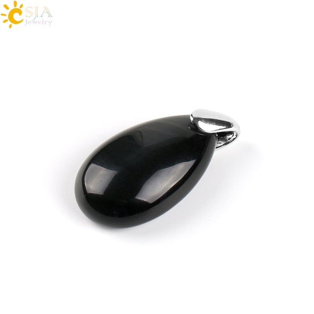 CSJA Natural Gem Stone Water Drop Necklaces Pendants Tiger Eye Lapis Lazuli Clear Crystal Opal Reiki Healing