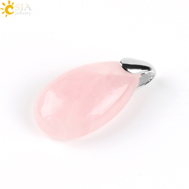 CSJA Natural Gem Stone Water Drop Necklaces Pendants Tiger Eye Lapis Lazuli Clear Crystal Opal Reiki Healing