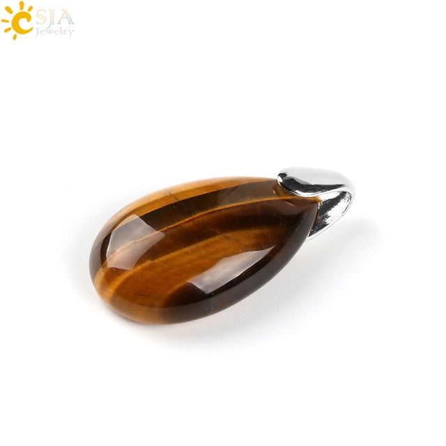 CSJA Natural Gem Stone Water Drop Necklaces Pendants Tiger Eye Lapis Lazuli Clear Crystal Opal Reiki Healing
