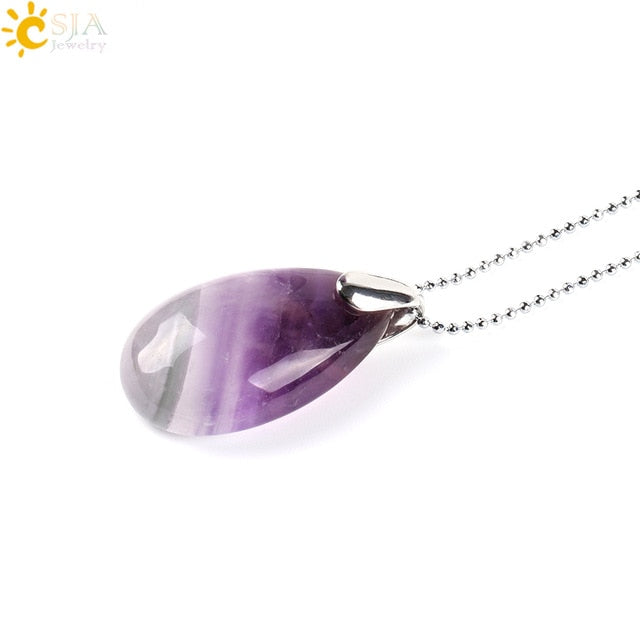 CSJA Natural Gem Stone Water Drop Necklaces Pendants Tiger Eye Lapis Lazuli Clear Crystal Opal Reiki Healing