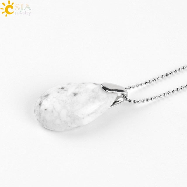 CSJA Natural Gem Stone Water Drop Necklaces Pendants Tiger Eye Lapis Lazuli Clear Crystal Opal Reiki Healing