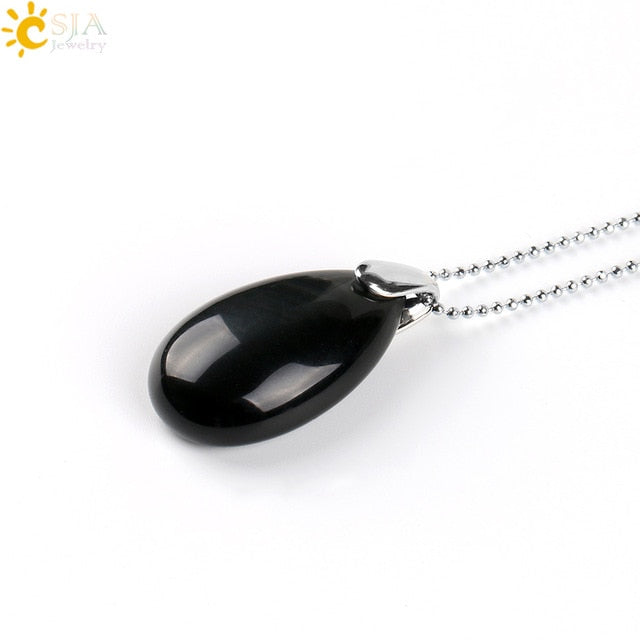 CSJA Natural Gem Stone Water Drop Necklaces Pendants Tiger Eye Lapis Lazuli Clear Crystal Opal Reiki Healing