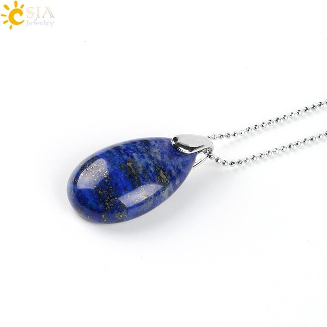 CSJA Natural Gem Stone Water Drop Necklaces Pendants Tiger Eye Lapis Lazuli Clear Crystal Opal Reiki Healing