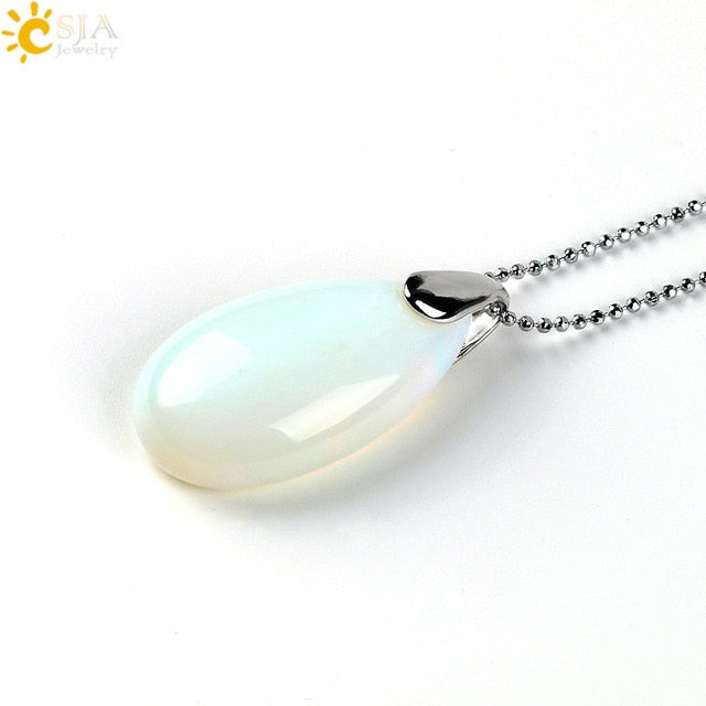CSJA Natural Gem Stone Water Drop Necklaces Pendants Tiger Eye Lapis Lazuli Clear Crystal Opal Reiki Healing
