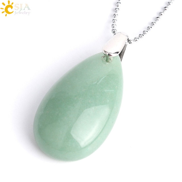 CSJA Natural Gem Stone Water Drop Necklaces Pendants Tiger Eye Lapis Lazuli Clear Crystal Opal Reiki Healing