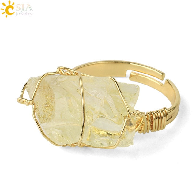CSJA Natural Stone Irregular Wire Wrap Women Rings Healing Crystal Fluorite Gold-color Resizable Fashion Finger Ring