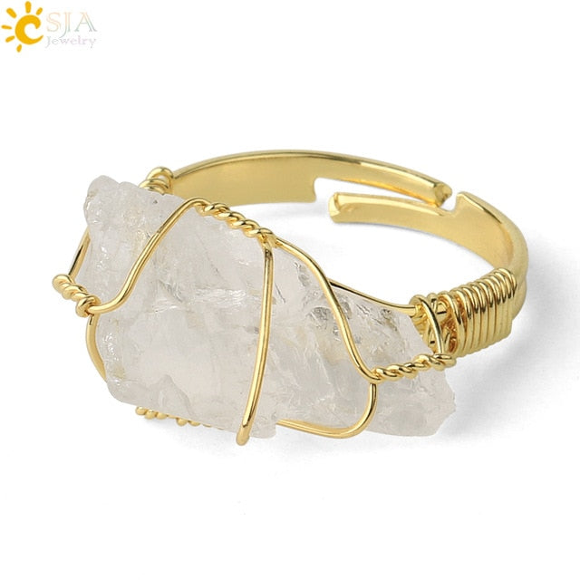 CSJA Natural Stone Irregular Wire Wrap Women Rings Healing Crystal Fluorite Gold-color Resizable Fashion Finger Ring