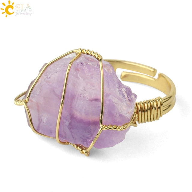 CSJA Natural Stone Irregular Wire Wrap Women Rings Healing Crystal Fluorite Gold-color Resizable Fashion Finger Ring