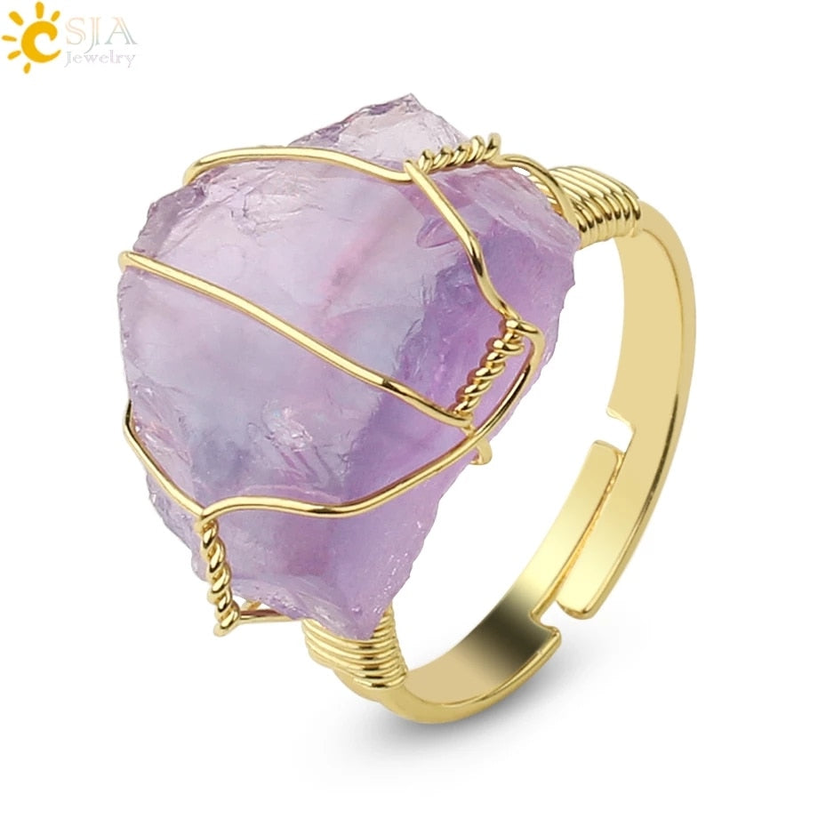 CSJA Natural Stone Irregular Wire Wrap Women Rings Healing Crystal Fluorite Gold-color Resizable Fashion Finger Ring