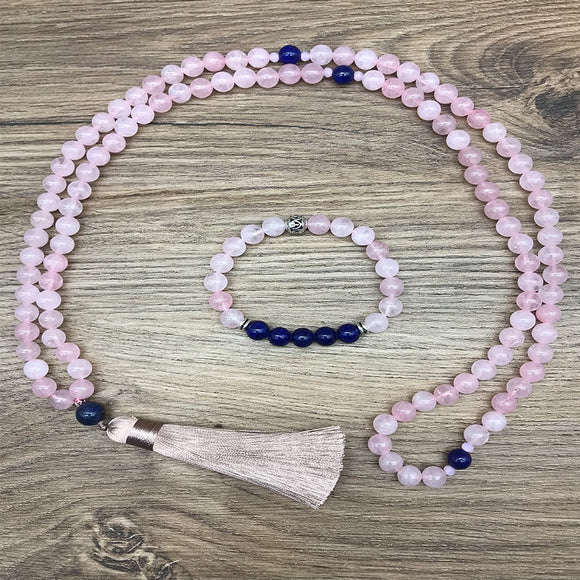 8mm Rose Quartz Lapis Lazuli Japamala Set Meditation Yoga Spiritual Jewelry 108 Rosary Handmade Beaded Natural Stone Necklace