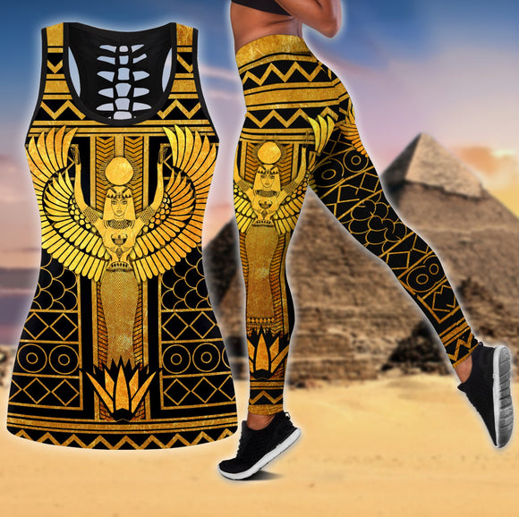 Queen of Egyptian Tattoos 3D Printed Hollow Tank Top & Leggings Set Fitness Female Full Length Leggings Yoga Pants LKB-16