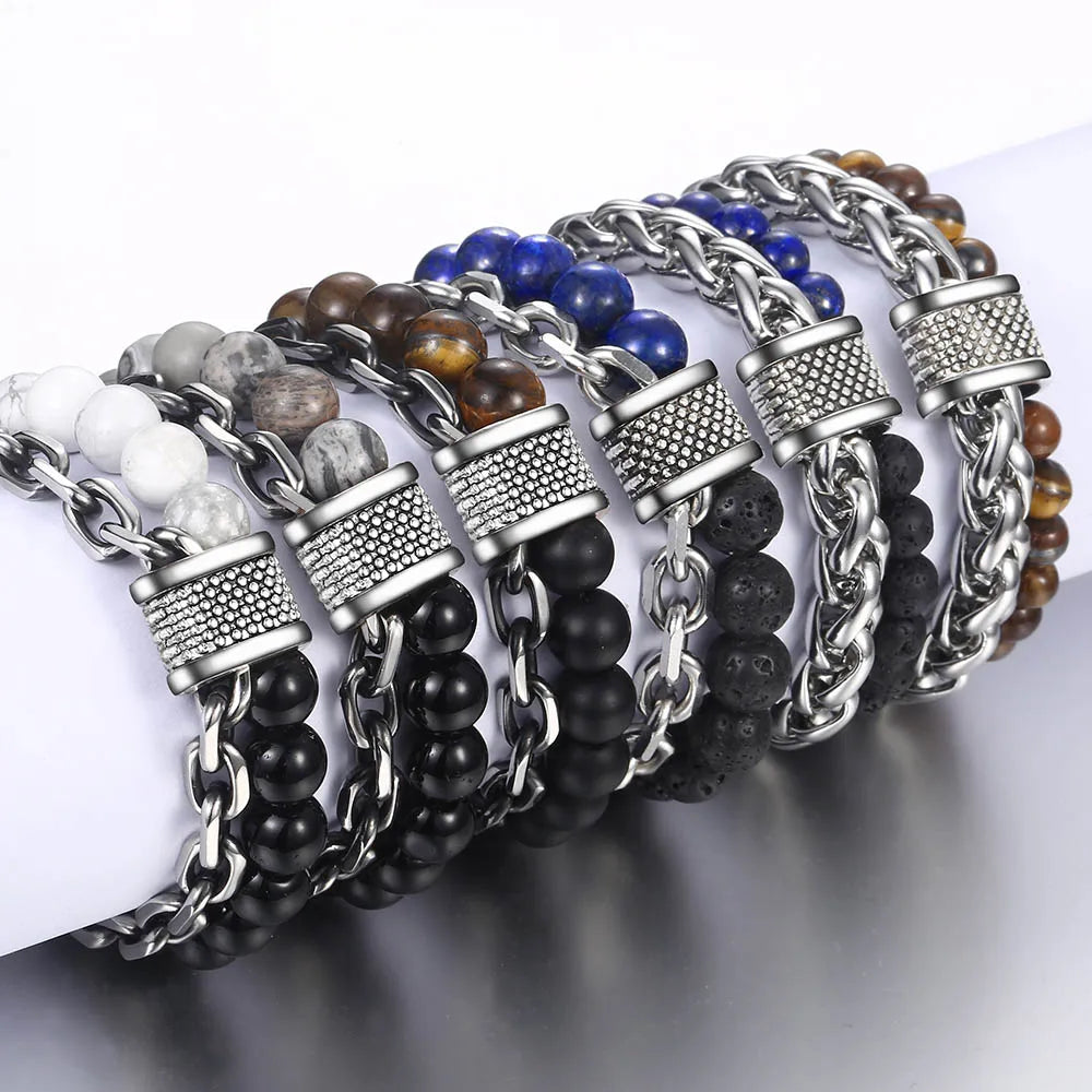 Men's Tiger Eye Stone Beaded Bracelet Stainless Steel Gunmetal Link Chain Yoga Bracelet Male Jewelry Dropshipping 14mm KDBM24