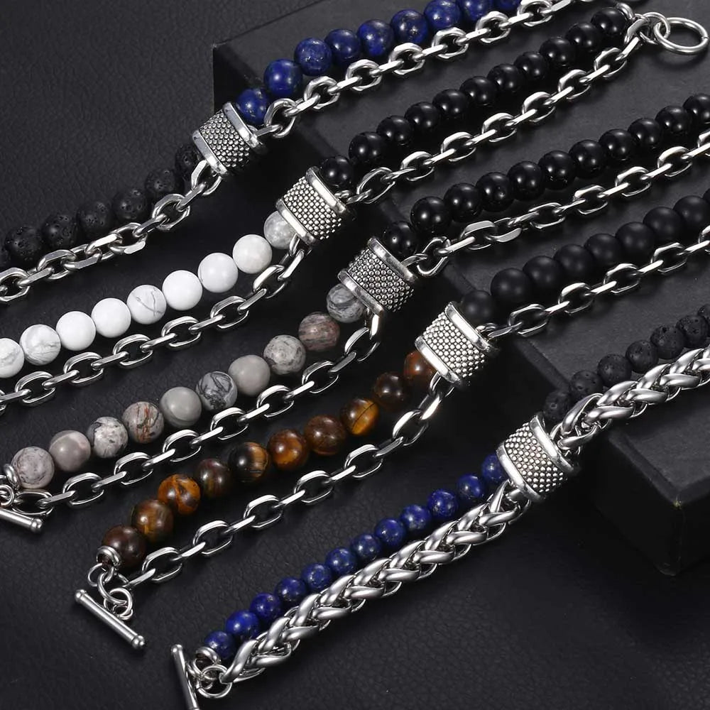 Men's Tiger Eye Stone Beaded Bracelet Stainless Steel Gunmetal Link Chain Yoga Bracelet Male Jewelry Dropshipping 14mm KDBM24