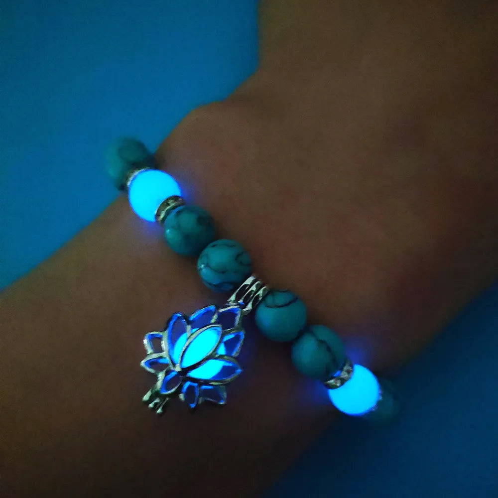 Natural Stones Luminous Glowing In The Dark Lotus Flower Shaped Charm Bracelet For Women Yoga Prayer Buddhism Jewelry