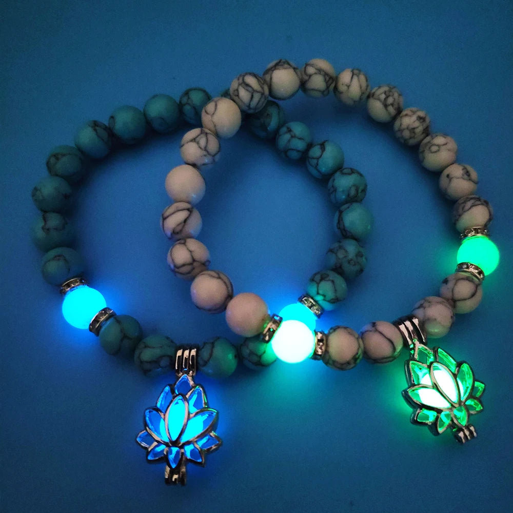 Natural Stones Luminous Glowing In The Dark Lotus Flower Shaped Charm Bracelet For Women Yoga Prayer Buddhism Jewelry