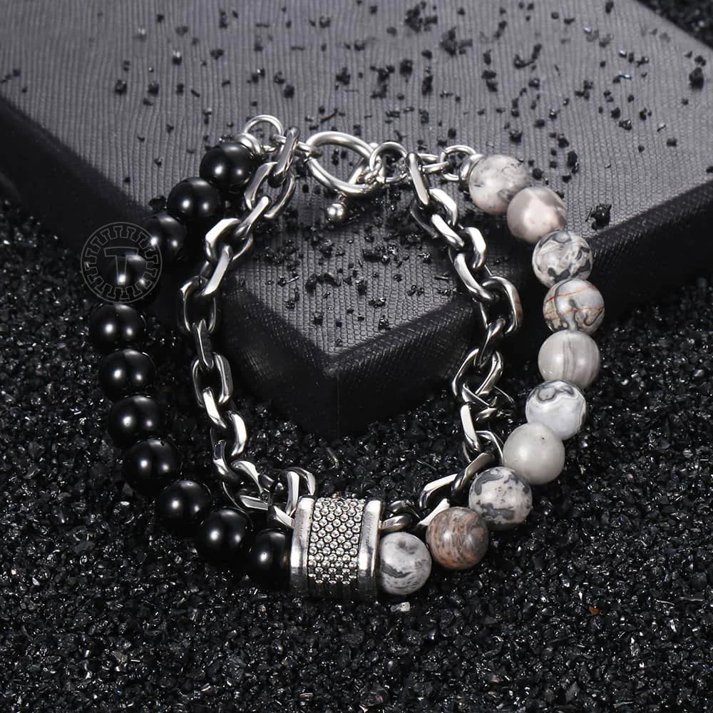 Men's Tiger Eye Stone Beaded Bracelet Stainless Steel Gunmetal Link Chain Yoga Bracelet Male Jewelry Dropshipping 14mm KDBM24