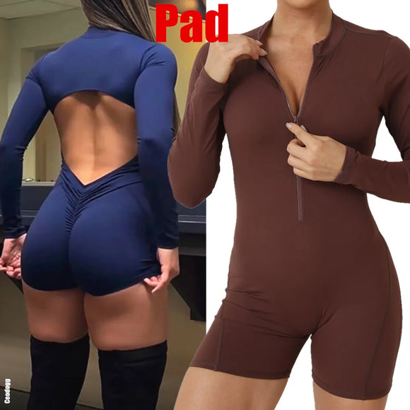 2024 Pad Zipper Long Sleeve Yoga Set Women One Piece Jumpsuit Gym Workout Shorts Fitness Stretch Bodysuit Sports Athletic Suit
