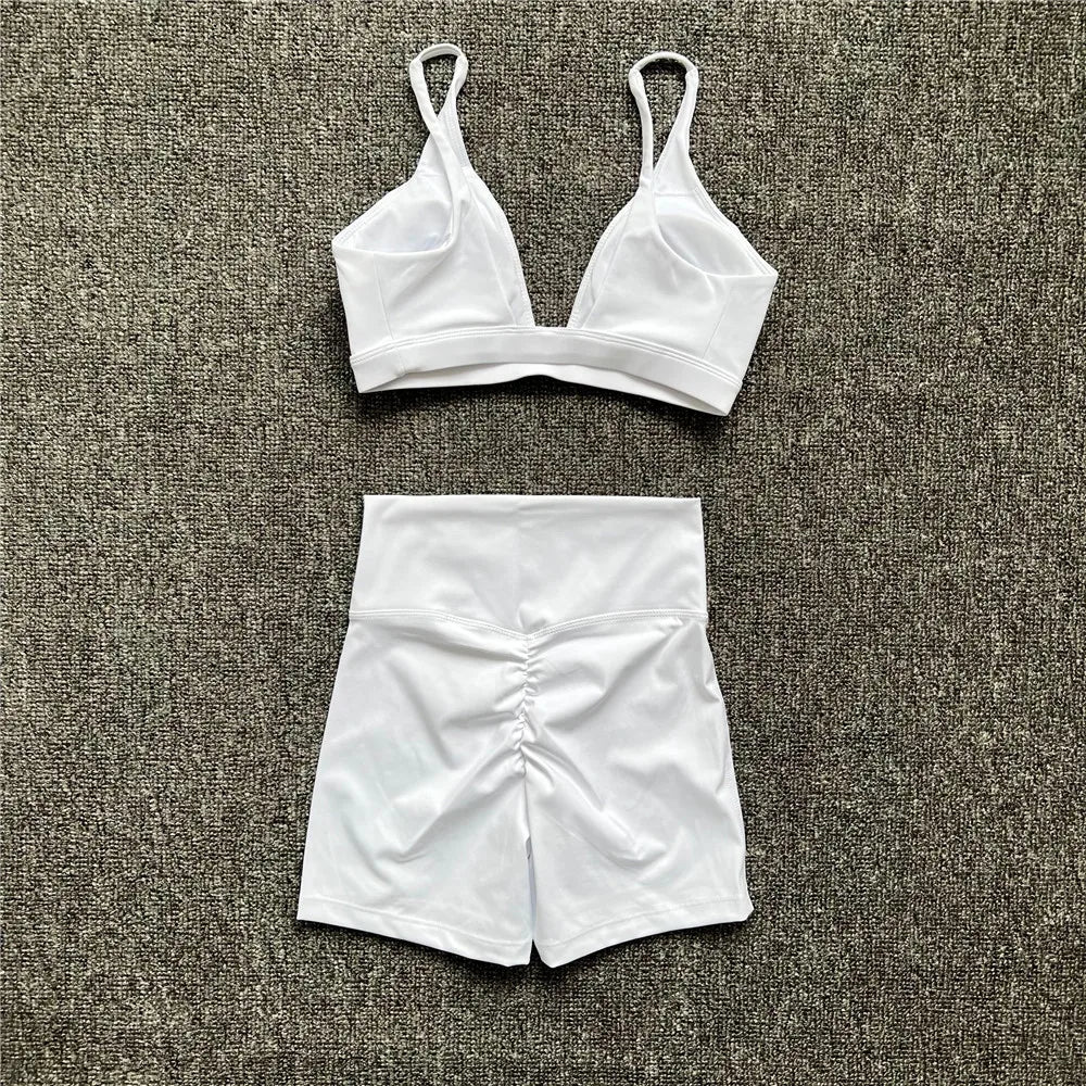 2024 Nude Deep V Neck Sport Bra Women Yoga Sets Workout Gym Scrunch High Waist Fitness Push Up Shorts Running Avtive Suits