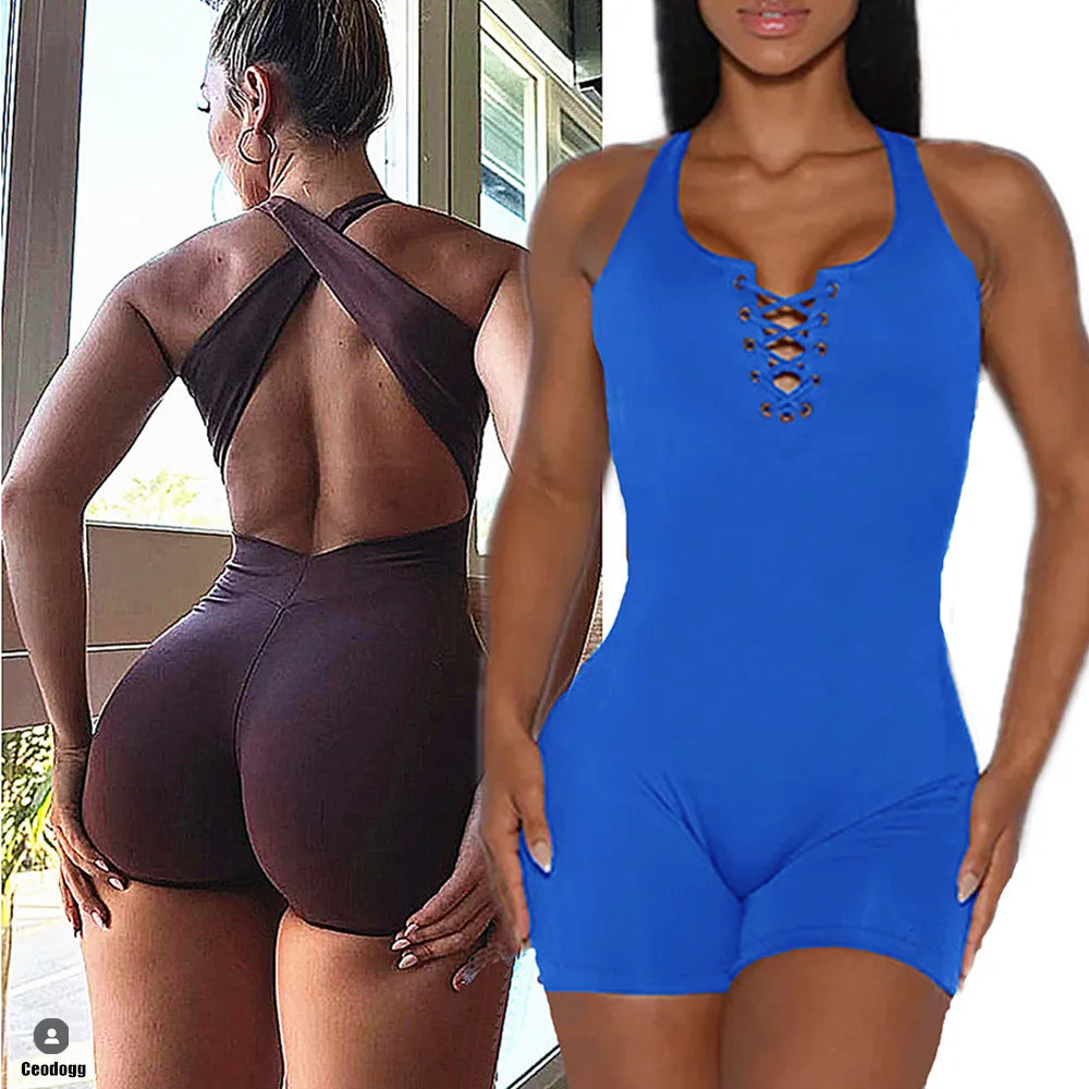 2024 Lycra Pad Laced Yoga Set Hip Lifting Squat Proof Shorts Sports One Piece Jumpsuit Gym Fitness Bodysuit Active Romper