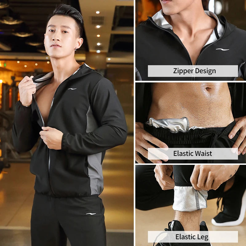 Sauna Suit Slimming Men Zipper Hoodies Gym Clothing Set for Weight Loss Running Fitness Training Sweating Sportswear Workout Set