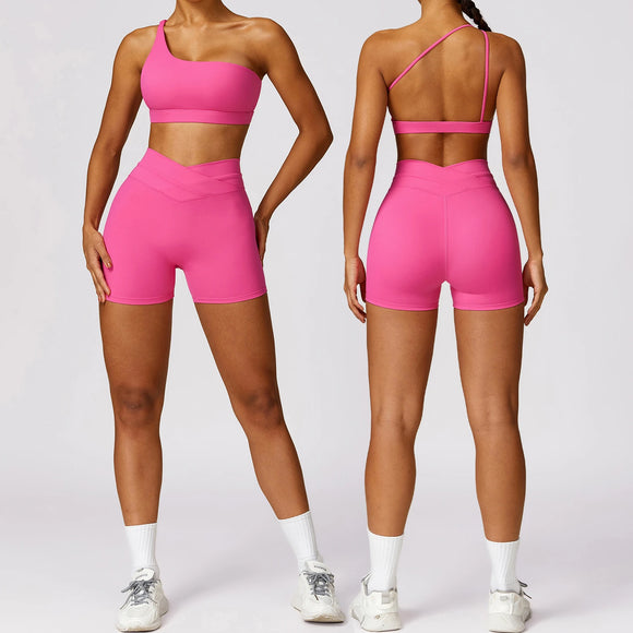 2 Piece Yoga Sets Quick Dry Woman Yoga Outfit Shorts One Shoulder Bras Sport Suit for Women Sportswear Fitness Gym Workout Sets