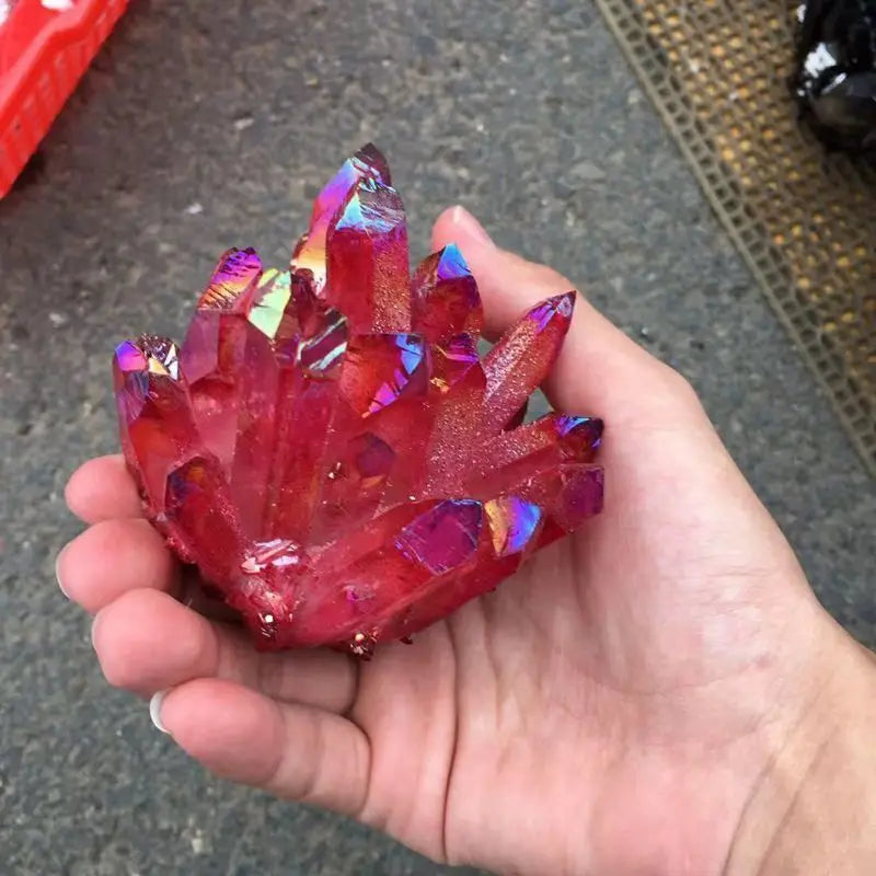 Natural Quartz Red Aura Crystal Titanium Cluster Specimen Healing Stone