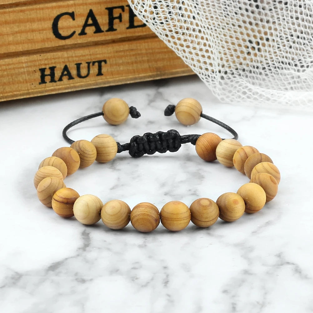 Sandalwood Natural Wood Beads Bracelet Tibetan Ethnic Buddha Meditation Bangle Elastic&Adjustable Prayer Men Women Jewelry Gift