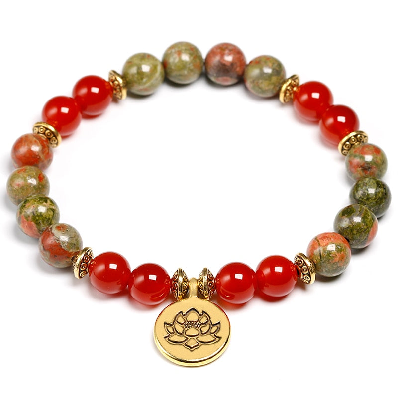 Natural unakite and Red Onyx Beads Bracelet Lotus Wrist Mala Healing Crystal Lotus OM Bracelets Sets For Women Meditation Yoga