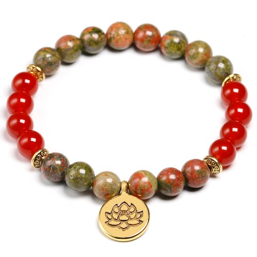 Natural unakite and Red Onyx Beads Bracelet Lotus Wrist Mala Healing Crystal Lotus OM Bracelets Sets For Women Meditation Yoga