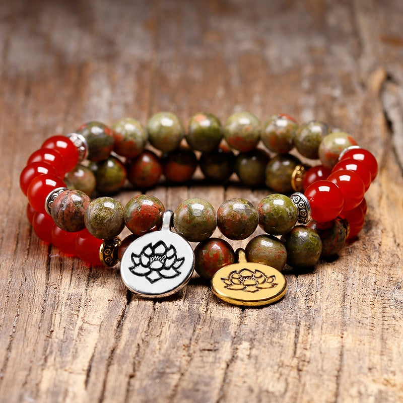 Natural unakite and Red Onyx Beads Bracelet Lotus Wrist Mala Healing Crystal Lotus OM Bracelets Sets For Women Meditation Yoga