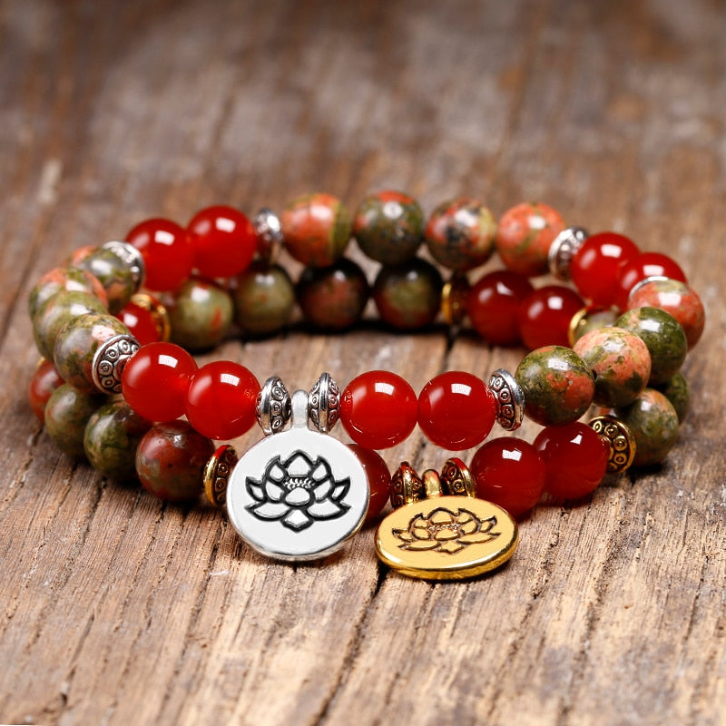 Natural unakite and Red Onyx Beads Bracelet Lotus Wrist Mala Healing Crystal Lotus OM Bracelets Sets For Women Meditation Yoga