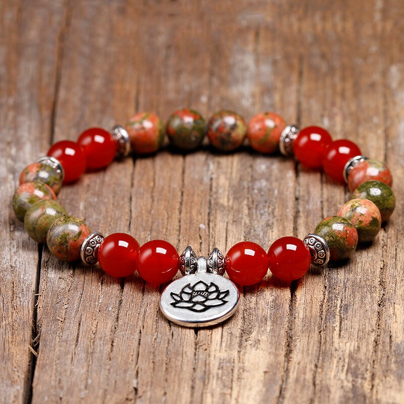 Natural unakite and Red Onyx Beads Bracelet Lotus Wrist Mala Healing Crystal Lotus OM Bracelets Sets For Women Meditation Yoga