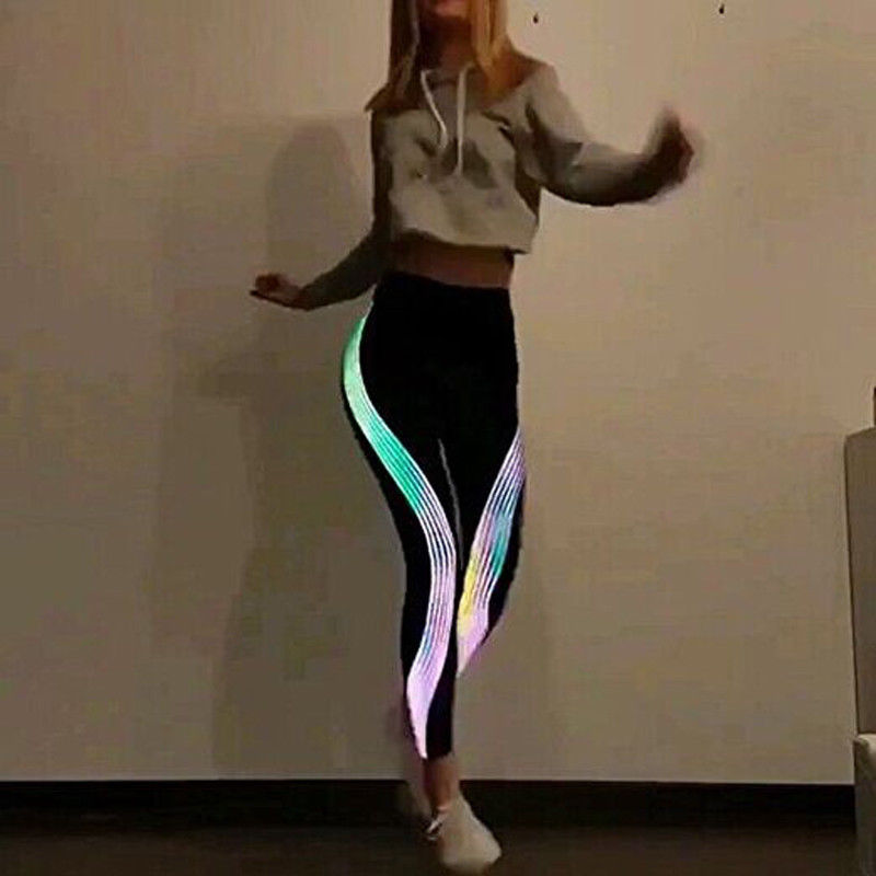 Women's Casual Slim Iridescent Reflective Material Printed Fitness Leggings Slim Stretch Elastic Glow in Dark Pants Trousers
