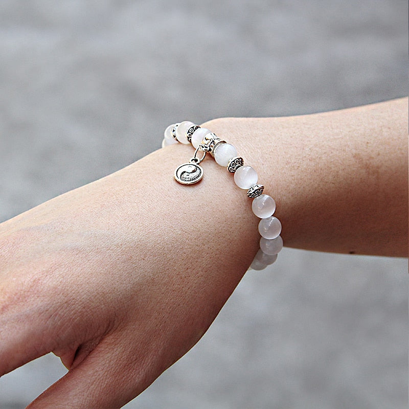 White Cat Eye Stone Beads Bracelets For Women Animal Charm Bangles Pendant Bracelet Opal Fashion Reiki Healing Female Jewelry