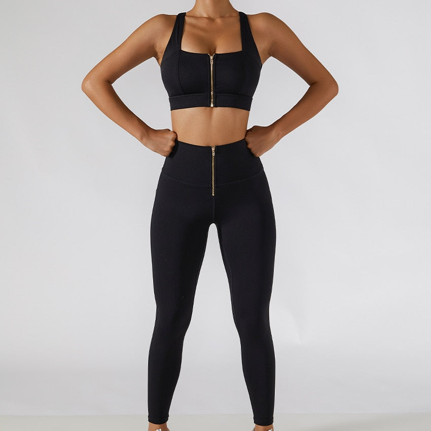 2PC Yoga Set Women Workout Sport Gym Wear Yoga Suit High Waist Leggings Skirts Front Zipper Bra Fitness Crop Top Yoga Sportswear
