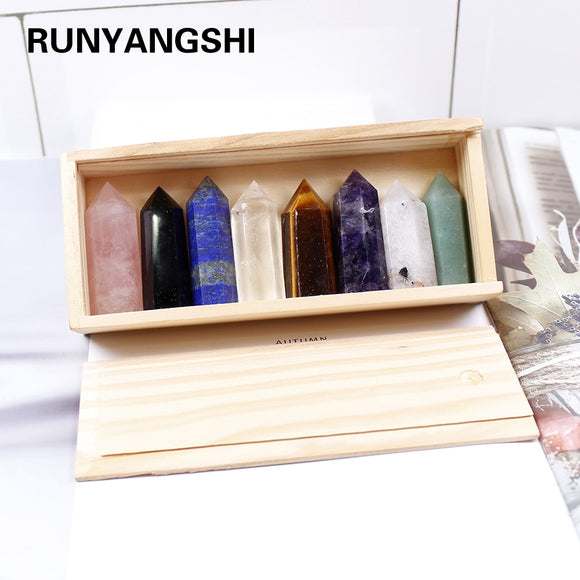 1set Wooden box gift box High quality Natural Hand Carved crystal points quartz wand pillar