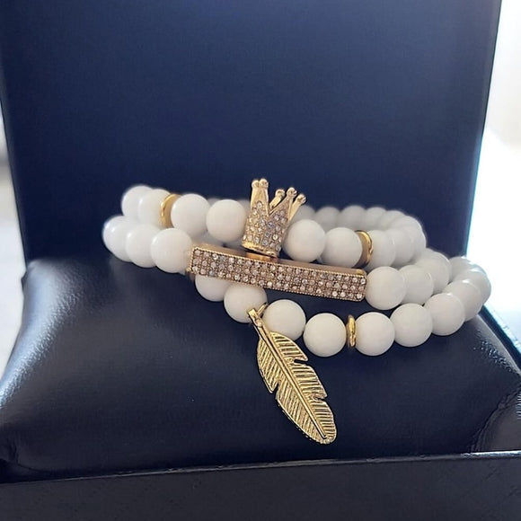 3Pcs/Sets 8MM White Stone Beads Bracelet Sets CZ Crown Bar Charm Leaf Pendant Yoga Mala Couple Bracelet Sets Women Men