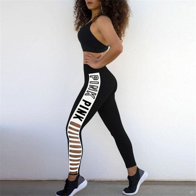 Women leggings Pink Letter Print Hollow Out