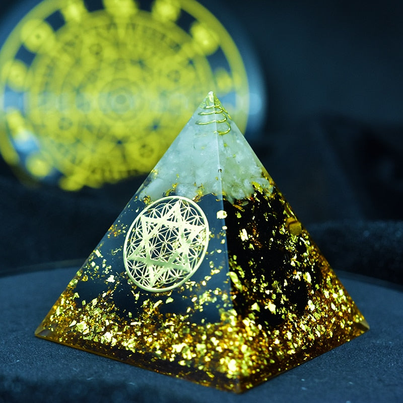 AURAREIKI Orgonite Pyramid Ajna Chakra Raziel Natural White Crystal Obsidian Expel Evil Forces Resin