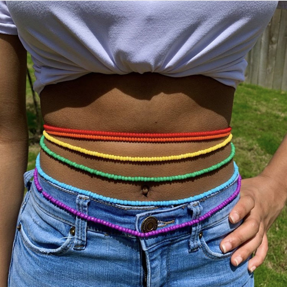 African Summer Rainbow Sets Bead Belly Waist Chains Sexy Bikini Body Chain for Women Waistbeads Body Jewelry Vintage Waistband