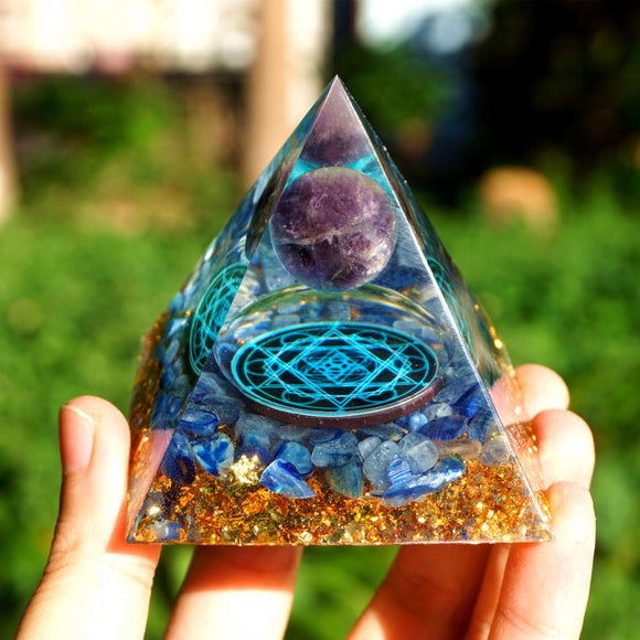 Handmade Amethyst Crystal Sphere Orgonite Pyramid 60mm with Kyanite Stone Reiki Chakra Energy Orgone Collection EMF Protection