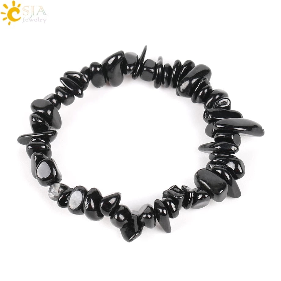 CSJA Natural Gem Stone Chip Beads Chakra Black Tourmaline Bracelets  Reiki Healing Meditation