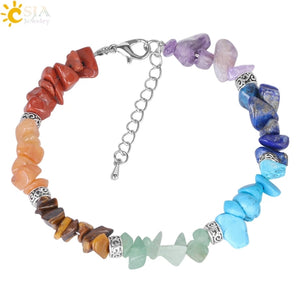 CSJA 7 Chakra Reiki Bracelets Chain Link Lobster Clasp Healing Balance Natural Chip Stone Beads Meditation Rainbow
